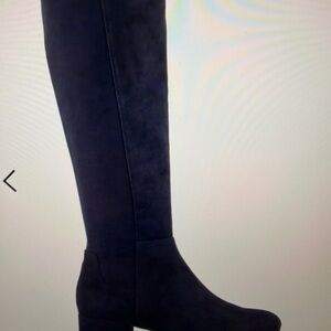 Dune London Navy Suede Heeled Boots comfort stretch for wide thigh. size 38/7.5
